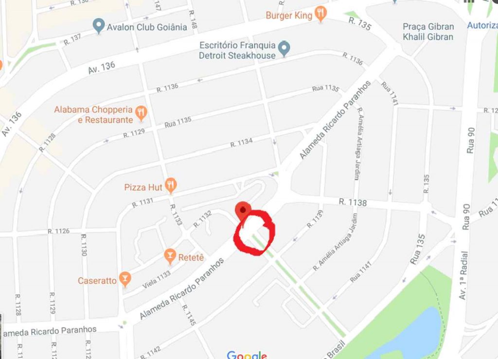 Local do acidente da imagem anterior. Carro capotou sobre pista de cooper na Alameda Ricardo Paranhos, em Goiânia. Não houve vítimas | Foto: Google Maps