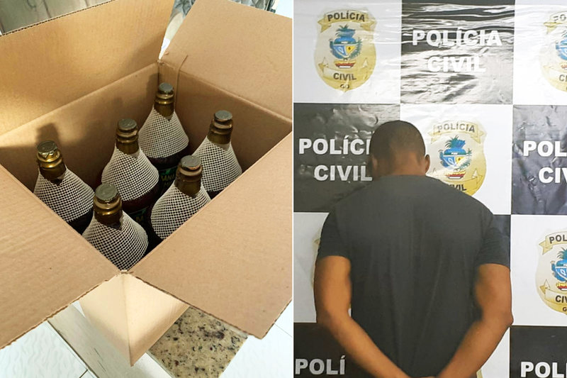 Homem é preso suspeito de falsificar e vender Cachaça Bananinha na capital e Aparecida | Fotos: Divulgação / PC