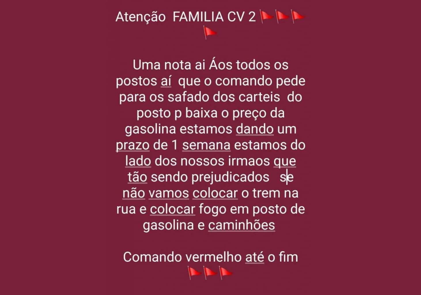 Ameaça do Comando Vermelho a postos de combustível | Foto: Reprodução