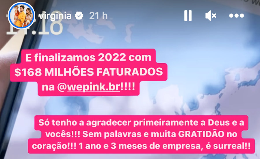 Stories de Virgínia Fonseca sobre o faturamento da empresa We Pink | Foto: Reprodução / Instagram