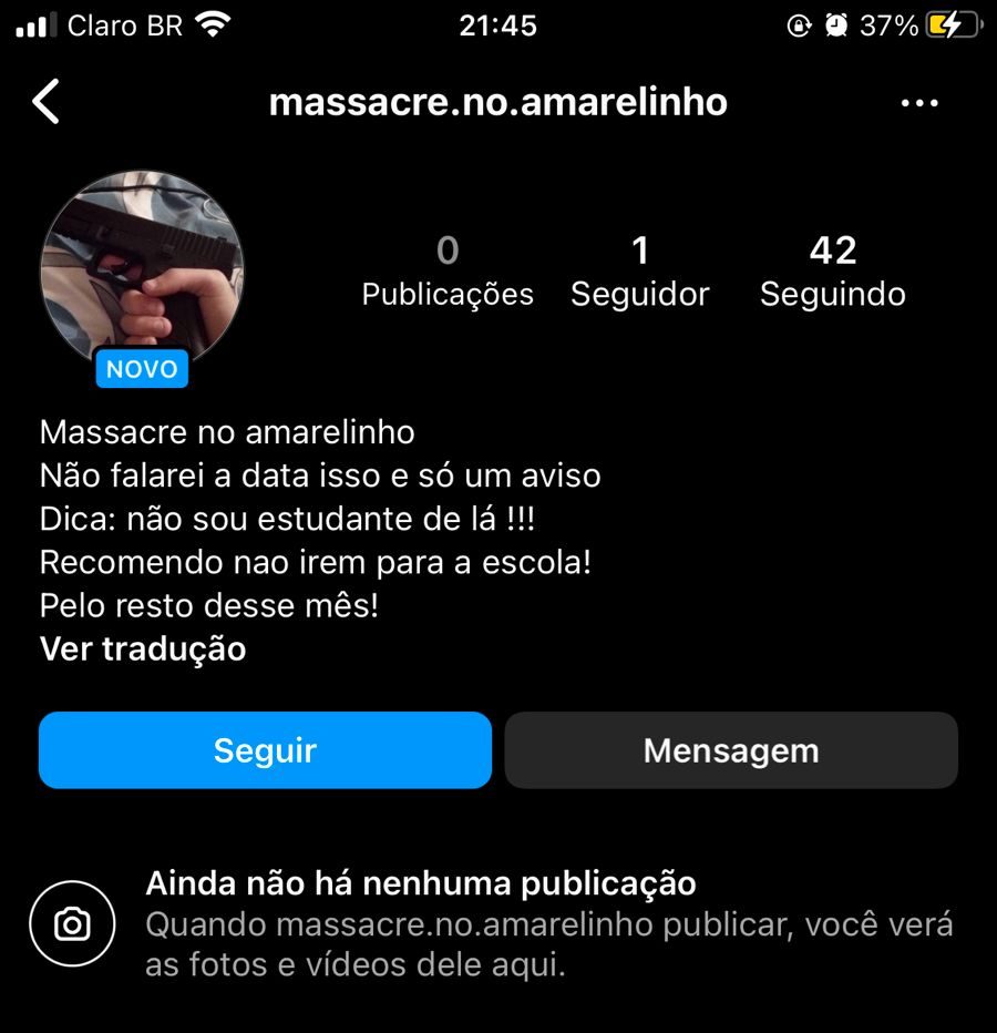 Perfil em rede social anunciando ataque em escola de Aparecida | Foto: divulgação