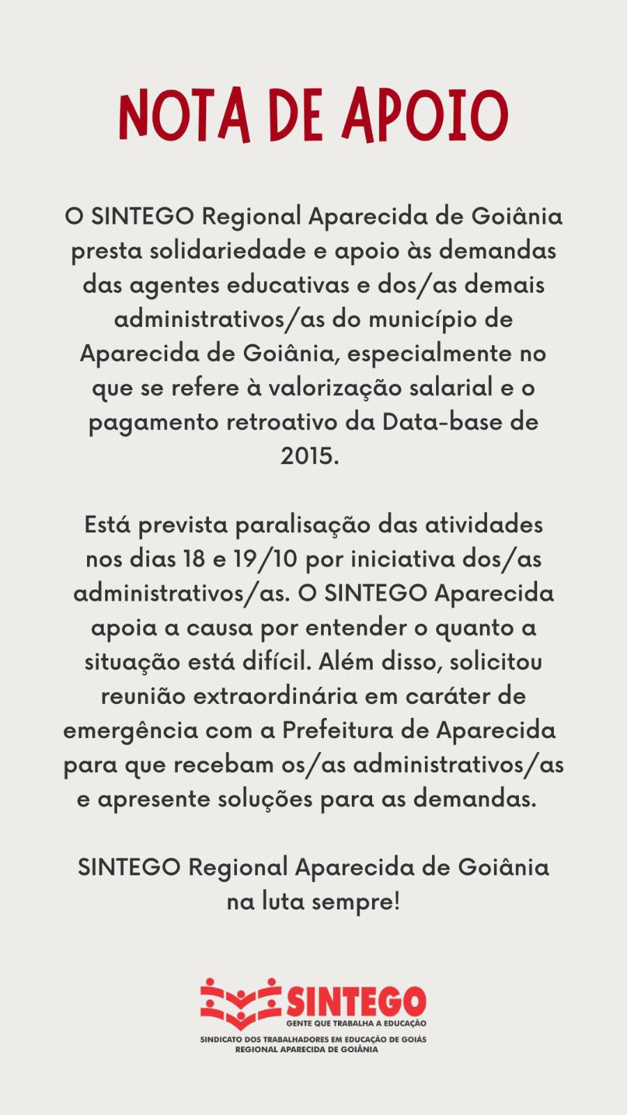 Nota divulgada pelo Sintego | Foto: Divulgação/Sintego