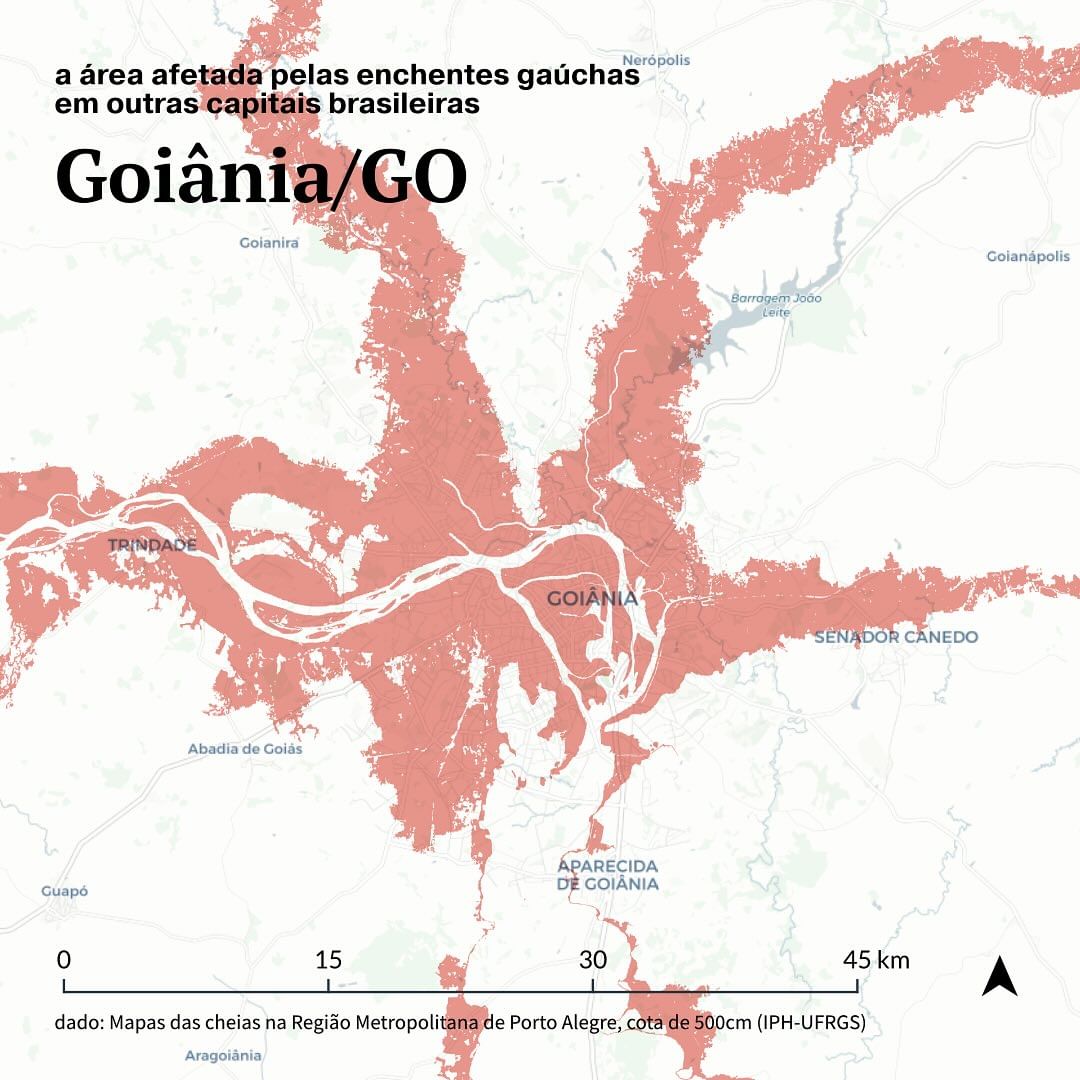 Área inundada em Porto Alegre cobriria Goiânia quase inteira; VEJA mapa