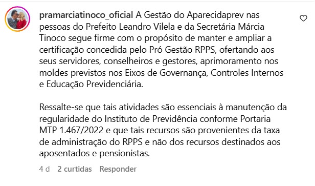 Márcia Tinoco defende legalidade de contrato do AparecidaPrev após publicação da Folha Z